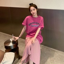 아디핏걸 핑쿠 오버핏 반팔 플리츠 스커트세트 루즈 임산부복