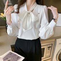 사사로이 여성 셔츠 블라운스 루즈핏셔츠 퍼프소매 리본셔츠 진주장식 쉬폰블라우스 유행을 타지 않아 매년 활용하기 좋아요 봄가을 블라우스 + 양말증정