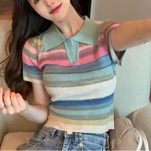 나루니 알록달록 스프라이트 카라티 카라반팔티 카라넥티셔츠 여름 줄무늬 단가라 여성반팔티 슬림핏 골지