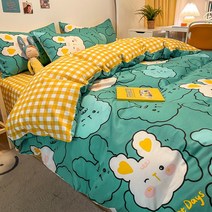 알러지케어 기숙사 순면 슈퍼 싱글 침구 이불 세트 미피 토끼 먼지없는 여아 남아 쥬니어 곰돌이 캐릭터, 그린 토끼_1.2m침대(150*200)