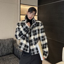 모노 체크 모헤어 남자 하이넥 겨울 크롭 자켓 페이크퍼 남성 윈터 숏 재킷 블레이져