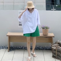 애플망고샵 여성 빅사이즈 반팔 브이넥스티치 롱박스 캐주얼 여름 오버핏티셔츠
