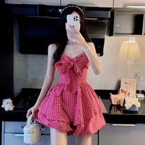20대 스몰사이즈 핑크 체크 끈 나시 멜빵 뷔스티에 휴양지 캉캉 여름 미니 원피스 SH