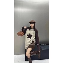 가을 배색 오각별 프린트 빅핏 긴팔 티셔츠