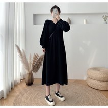 채윤러브 chaeyoon love 가을 겨울 여성 빅사이즈 퍼프소매 브이넥 니트 롱 원피스