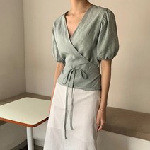 비올레타 퍼프소매 브이넥 린넨 랩블라우스