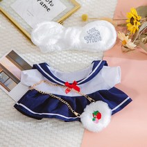 DIY 스타일리쉬인형옷의류 후드세트 오리/강아지/곰돌이인형 적용30cm, 흰색 편지 헤어 벨트 학생 스커트 딸기 가방, 맞는 30cm 히알루 론산 오리