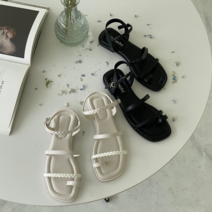발편한 꼬임 두줄 스트랩 쪼리 발목 버클 플랫 샌들 무이