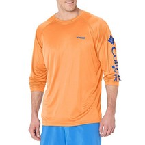 Columbia 남성용 PFG 터미널 태클 UPF 50 긴팔 낚시 티셔츠 블랙/쿨 그레이 로고 1X, Medium, Bright Nectar/Vivid Blue Logo