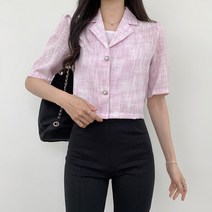 포디룩 [여름소재] 린넨무드 체크 반팔 크롭자켓