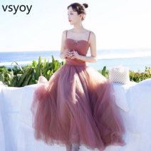 vsyoy 슈퍼 요정 슬림 스트랩 메쉬 드레스 여성 여름 몰디브 하이난 싼야 비치 홀리데이 롱 드레스