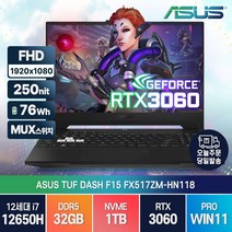 ASUS TUF Dash F15 FX517ZM-HN118 최신 인텔 12세대 i7-12650H RTX3060 고성능 게이밍 윈도우11 노트북, WIN11 Pro, 오프 블랙, 32GB, 1TB, 코어i7, FX517ZE