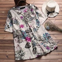 여성 린넨 블라우스 셔츠 2019 여름 반팔 단추 탑 브이넥 꽃 무늬 캐주얼 루즈핏 blusas