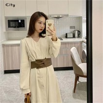 city 여성 미디 롱 원피스 브이넥 벨트 원피스