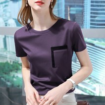 순면 패치 컬러 티셔츠녀 봄·여름 슬림핏 라운드 얇은 상의
