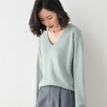 JinSa 여성용 부드러운 딥브이넥 라이트 캔디색 긴소매 니트 XJ075
