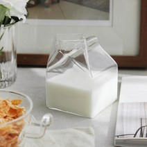 홈카페 우유갑 모양 유리컵 밀크글라스 투명 쥬스 컵 우유곽, 1개