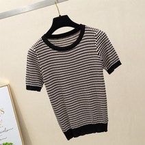 스몰 라운드 니트 스트라이프 반팔 티셔츠 여 러블리 여름 루즈핏 상의 러블리