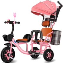 2인용 쌍둥이 삼륜 세발자전거 유아 카트 유모차, 블랙 휠 푸시 핸들 + 회색 캐노피