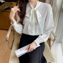 패스타임 여성 러블리 무지 새틴 타이리본 블라우스 봄 가을 셔츠 오피스룩 하객룩