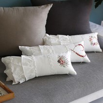 자수 화이트 레이스 작은 쿠션 20x40 솜포함 소파쿠션, 하트