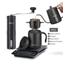원두 핸드밀 그라인더 드립 에스프레소 휴대 캠핑 도구 V60 커피 컵 머그잔 필터 드리퍼 재사 가능한 미니 구즈넥 주전자 저울 타이머 세트, [02] P07 (with scale)