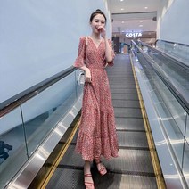 AMlisa 프린팅 롱원피스 트랜드 우아한 슬림핏 여름쉬폰원피스 빅사이즈원피스 여름쉬폰원피스