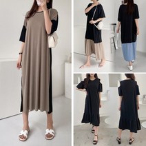 아이우먼 빅사이즈 린넨 원피스 스판 배색 반팔 롱ops