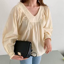 마롱패션 브이넥 벌룬 소매 셔링 여성 스러운 소매벌룬 블라우