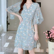에이치플러스몰 플라워 미디 쉬폰 A라인 랩스타일 원피스