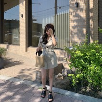 [벨트set] 카라 투버튼 린넨 점프수트 투피스 세트