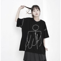 여아 반팔 티셔츠 멋쟁이 패션 개성 디자인 감각 틈새 반팔 티셔츠 여성용 여름 신작 심플 루즈한 블랙 탑
