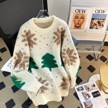 여자 레드 눈꽃 나무 그림 스웨터 풀오버 크리스마스 라운드 넥 오버핏