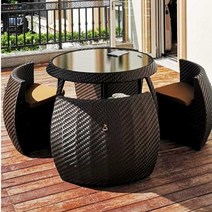 원형 플라스틱야외테이블세트 야장 접이식 테이블, 수납의자4개 + 긴 유리테이블(블랙)