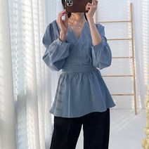 데이프릴 여성용 프링클 브이넥 허리끈 프릴 블라우스