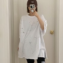 애플망고샵 빅사이즈 여성 반팔 워싱페인팅 롱박스티 오버핏 라운드 루즈핏 캐주얼 여름티셔츠