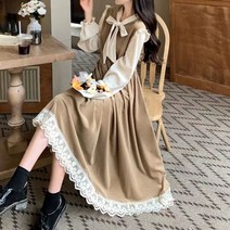 자칠 수유복 나들이리본 목이버섯 한국판 루즈핏 벨벳 미디움 긴팔 수유 원피스 가을 겨울