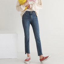 여성 국내생산 속밴딩 스판 밑단 사선 컷팅 슬림일자진 S M L XL