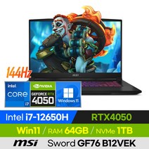 [사은품 증정!] MSI Sword GF76 B12VEK 배그 롤 로아 오버워치 발로란트 고사양 17인치 게이밍 노트북 (코어i7-12650H/RTX4050), 윈도우 포함, 64GB, 1TB, 코어i7, 블랙