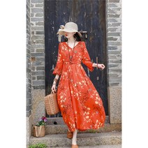 가을 겨울 플라워 면 마 원피스 칠부 소매 린넨 롱 스커트 라운드