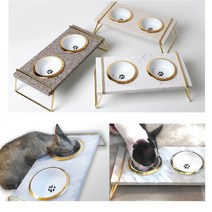 고양이 대리석 밥그릇 2구 강아지 밥상 냥이 식탁 소형견 식기 도자기 견식기 세라믹 개식기 펫 급식기, 단품, 단품