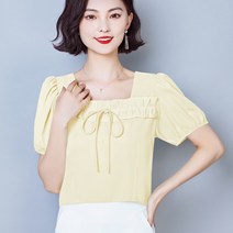 여름 디자인 숏 블라우스 여 와일드 사각넥 오픈 쇄골 퍼프 반팔 상의