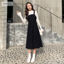 2컬러 봄가을 터틀 투버튼 뷔스티에 멜빵 플레어 원피스(슬림 니트티셔츠포함)