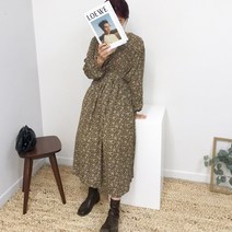어썸메이드 여성 플라워 브이넥 끈 셔링 여성스러운 가을신상 롱 원피스
