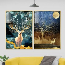 아트블루 풍수 인테리어 황금 사슴 동물 그림 액자, 6_황금 뿔 사슴(청색배경)+황금달 사슴_2개 세트