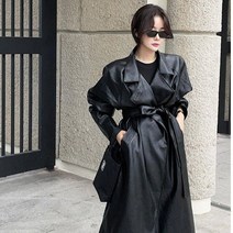 가죽트렌치코트 인조 가죽 윈드 브레이커 고급 개성 멋진 세련된 롱 코트 여성용 한국 스타일 루즈 블랙