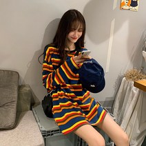 여성 루즈핏 긴팔 맨투맨 티셔츠 봄 가을 여성 맨투맨 날씬해 보이는 연령 감소 레인보우 스트라이프 맨투맨 티셔츠