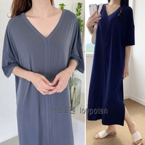 러브포텐 여성 빅사이즈 반팔 롱원피스 브이넥 여름 원피스 오버핏 홈웨어 반팔 옆트임 롱 원피스여성용 [달콤 디저트 포함]