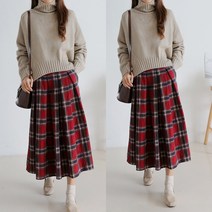 가을 겨울 엄마옷 미시 본딩 기모 안감 모직 레드 네이비 체크 체크 뒤밴딩 A라인 롱 스커트