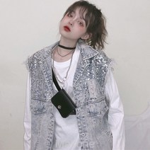 Makone여자 나시 조끼 데님 베스트여름 찢어진 데님 조끼녀 2020 한국판 스팽글 루즈핏 BF 민소매 조끼 재킷